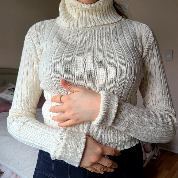 Beige Turtleneck Semi-Cropped Length Sweater - Picture 7 of 10